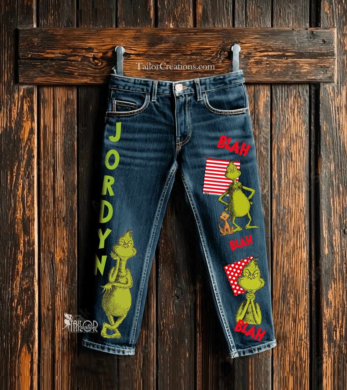 Grinch Jeans Custom - Grinch Jeans Pants for Kids Adults - Grinch Custom Denim Outfit