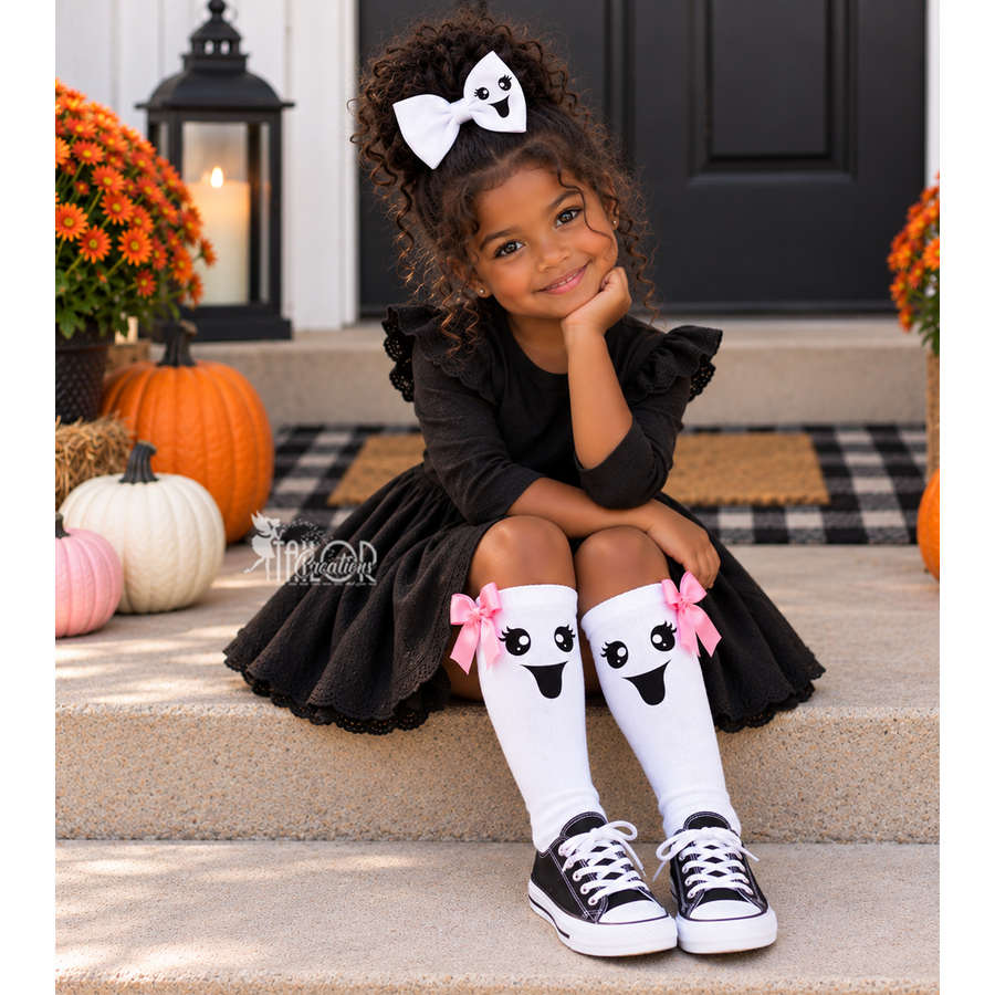 Halloween Ghost Knee High Socks for Boys and Girls - Custom Ghost Face Halloween Socks for Toddler Kids - Pink Bow Ghost