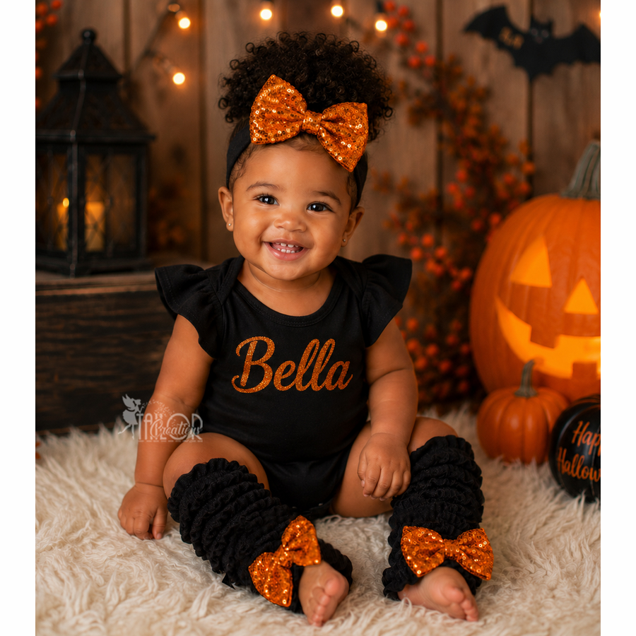 Halloween Orange Sequin Bow and Black Leg Warmers Set - Orange and Black Sequin Bow Leg Warmers