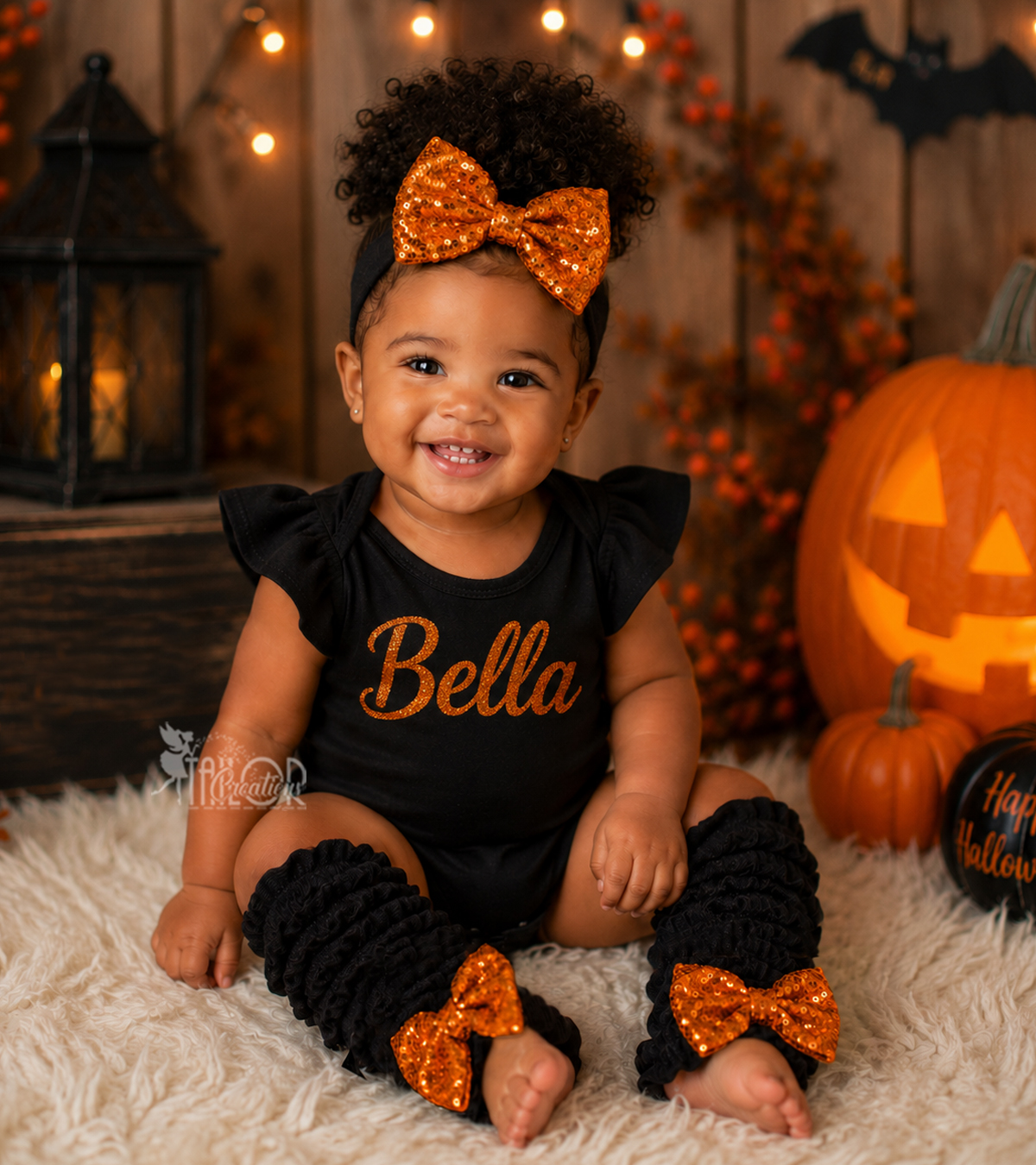 Halloween Orange Sequin Bow and Black Leg Warmers Set - Orange and Black Sequin Bow Leg Warmers