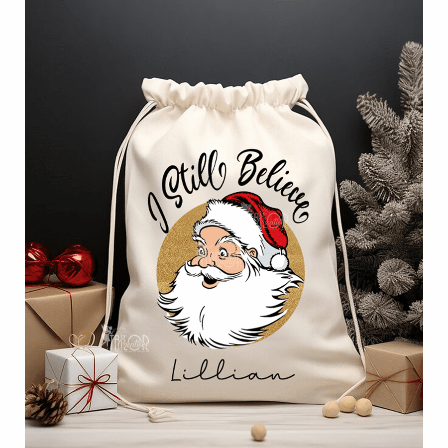 I believe in Santa Gift Bag Drawstring- Santa Claus Christmas Personalized Name Sack