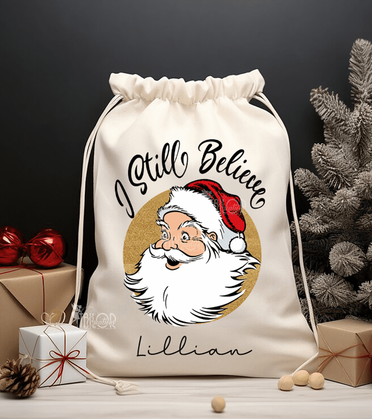 I believe in Santa Gift Bag Drawstring- Santa Claus Christmas Personalized Name Sack