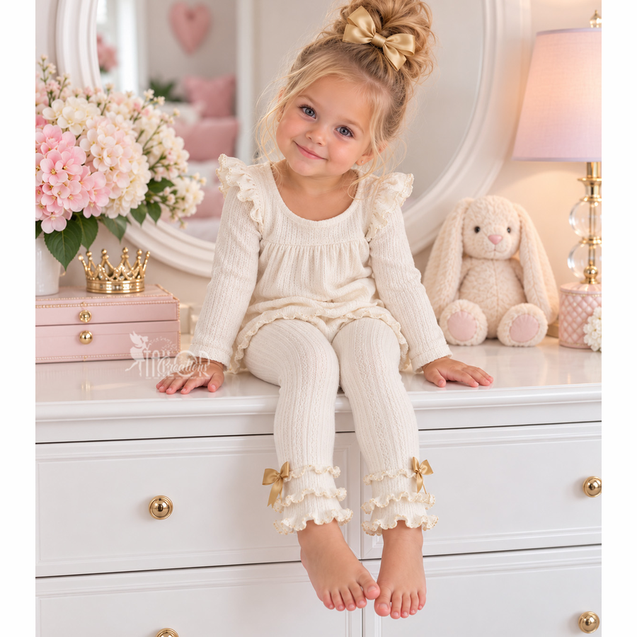 Ivory and Gold Bow Ruffle Leggings Toddler Kids - Fall Boutique Bow Ruffle Leggings for Girls