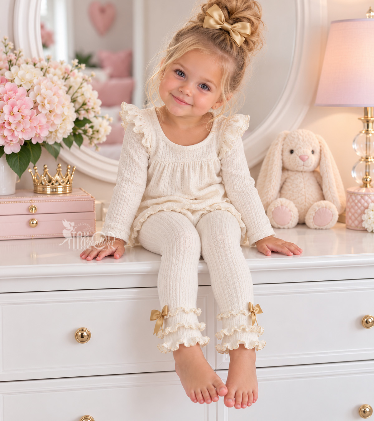Ivory and Gold Bow Ruffle Leggings Toddler Kids - Fall Boutique Bow Ruffle Leggings for Girls