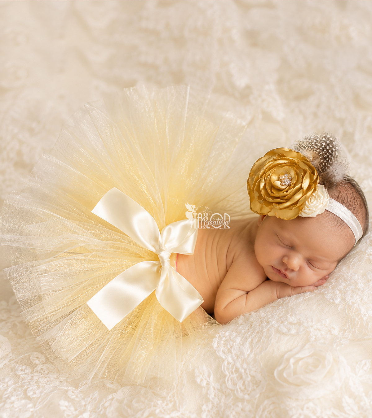 Ivory and Gold Newborn Baby Girl Tutu Headband Set - Gold Newborn Tutu and Headband