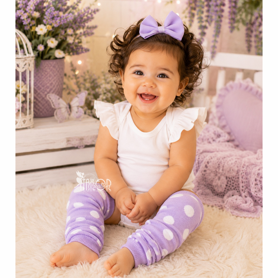 Lavender and White Polka Dot Bow Leg Warmers - Little Girls Ballet Warmers Toddler Baby