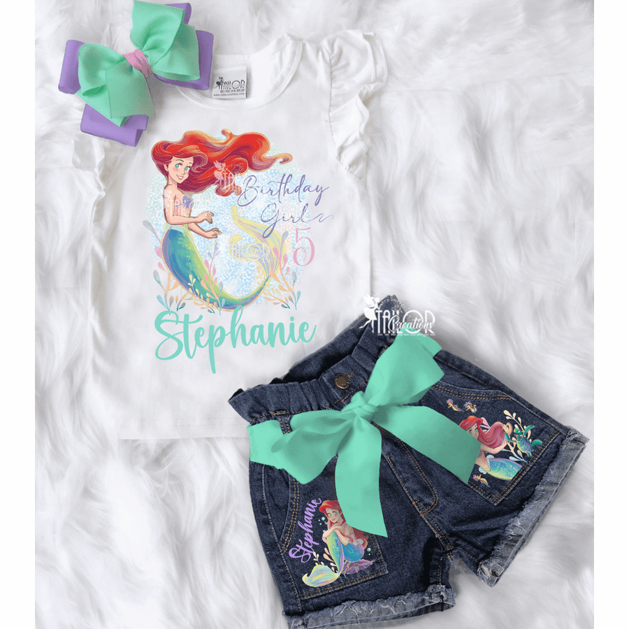 Little Mermaid Ariel Birthday Outfit - Disney Princess Birthday Ariel Denim Outfit