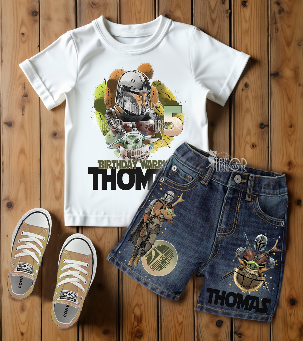 Mandalorian Grogu Custom Denim Birthday Party Outfit for Boy- Star Wars Shorts Set for Kids