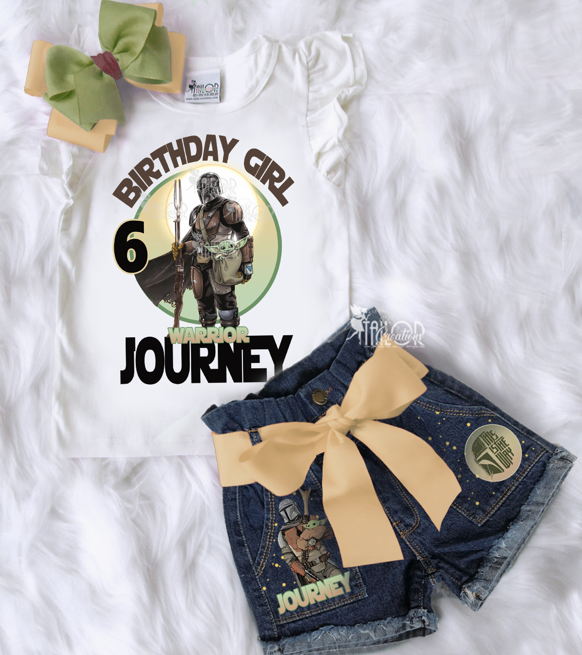 Mandalorian Grogu Custom Denim Birthday Party Outfit for Girl - Star Wars Shorts Set