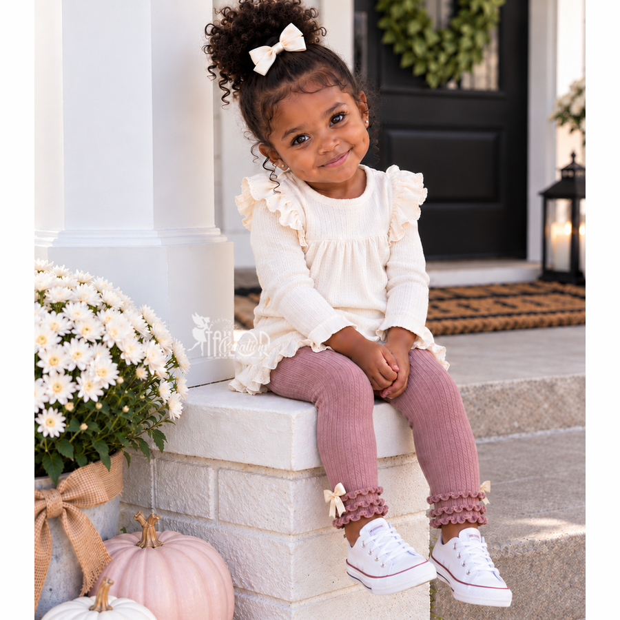 Mauve Dusty Rose Bow Ruffle Leggings Toddler Kids - Fall Boutique Bow Ruffle Leggings for Girls