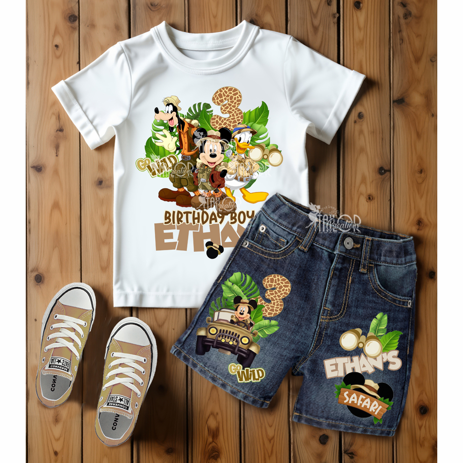 Mickey Mouse Safari Birthday Party Outfit Toddler Boy - Mickey Safari Custom Birthday Party Denim Shorts Set
