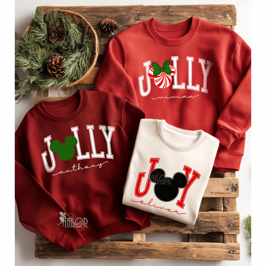 Minnie and Mickey Jolly Disney Christmas Name Tee Sweatshirt - Disneyland Holiday Sweater - Disney Christmas Sweatshirts
