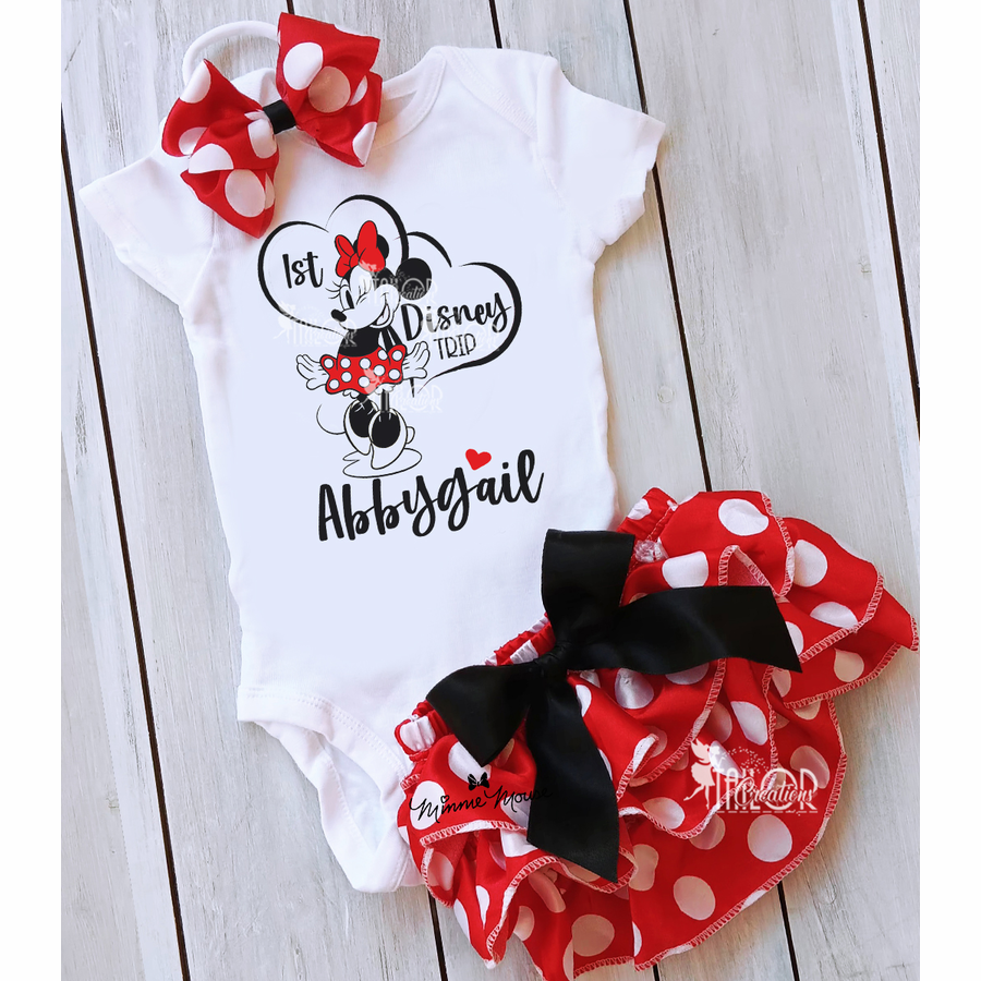 Minnie Mouse Baby Girl Outfit - Minnie First Disney Trip Baby Girl Outfit - Red Polka Dot Satin Bloomers Set
