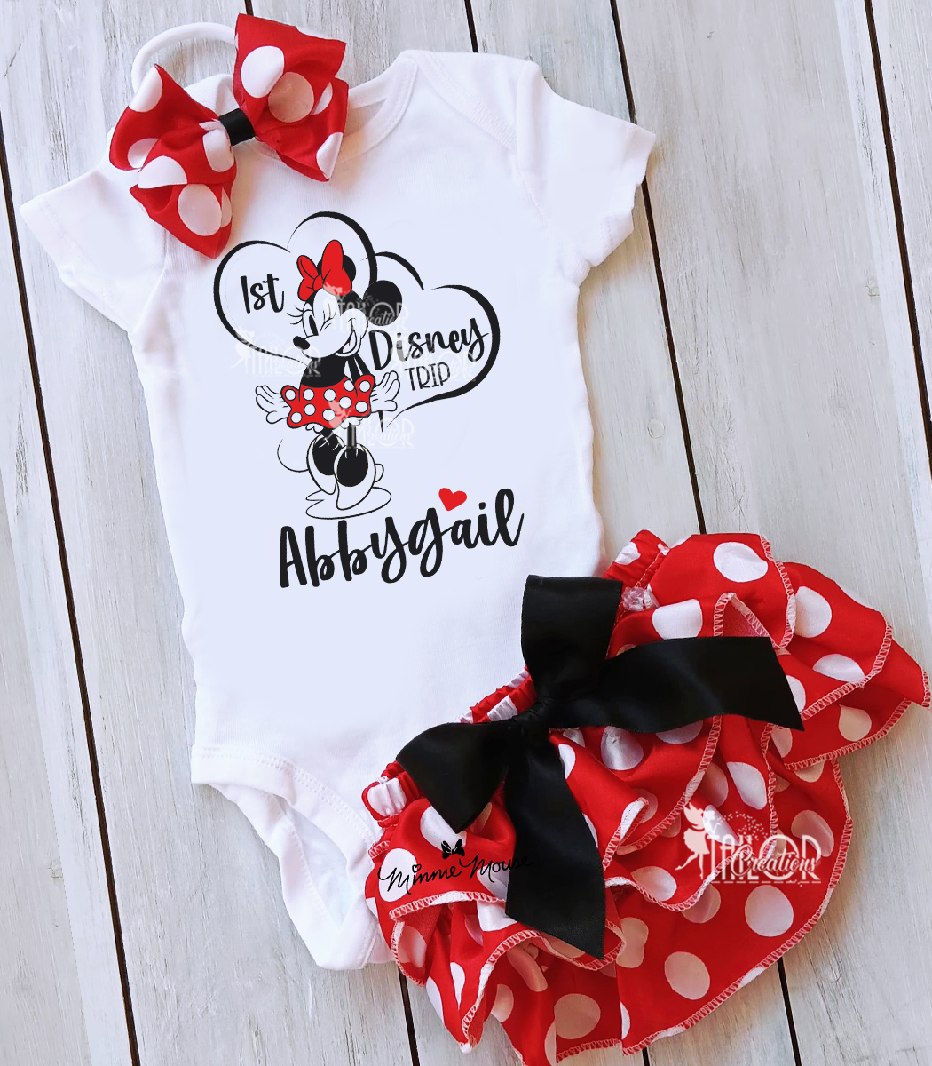 Minnie Mouse Baby Girl Outfit - Minnie First Disney Trip Baby Girl Outfit - Red Polka Dot Satin Bloomers Set