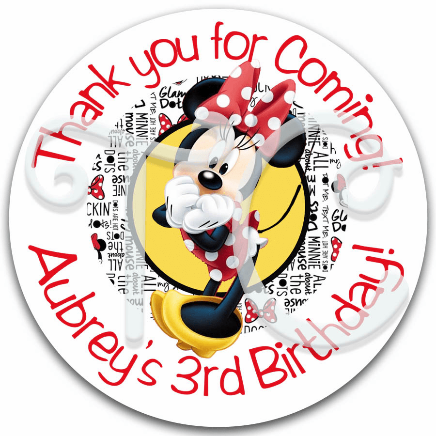 Minnie Mouse Custom Birthday Gift Tag Labels Favors Stickers Party Supplies Cupcake Toppers Round Goody Bags