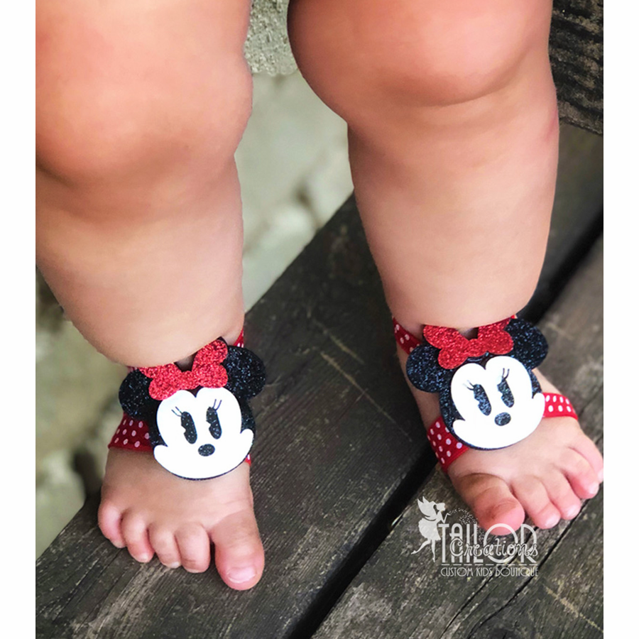 Retro Minnie Mouse Glitter Polka Dot Barefoot Sandals - Disney Barefoot Sandals for Baby Girl
