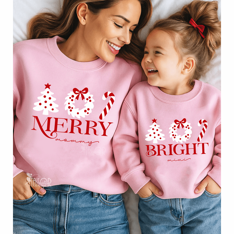 Mommy and Mini Me Matching Christmas Sweatweat Outfit - Merry Holiday Pink Sweatshirt Toddler Women