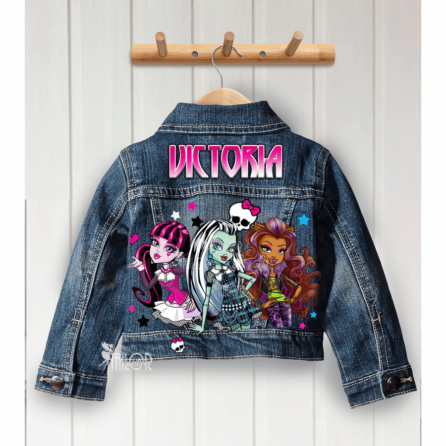 Monster High Custom Denim Jacket for Kids - Monster Ghoul Gothic Dolls Jean Jacket Outfit