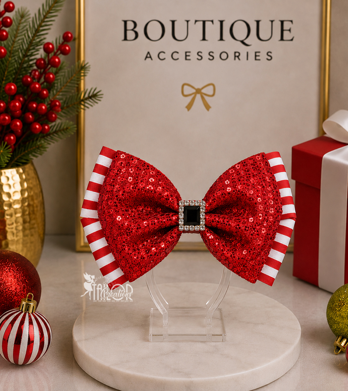 Mrs Claus Sequin Big Hair Bow for Toddler Kids - Christmas Candy Cane Sequin Santa Hair Bow