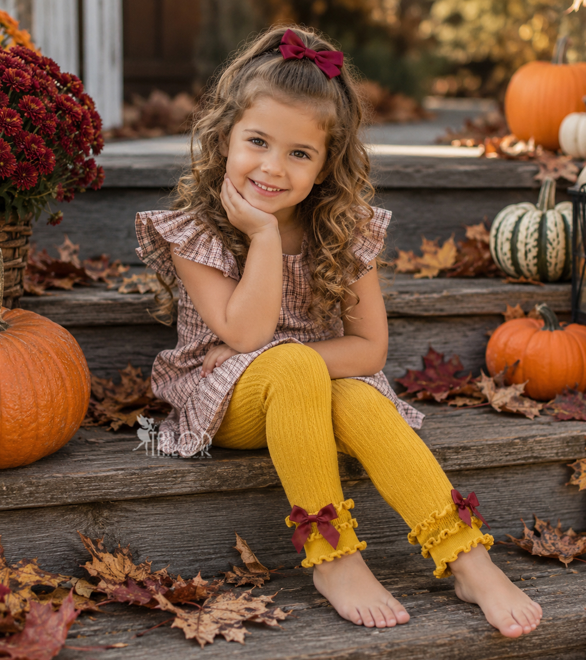 Mustard Fall Yellow Bow Ruffle Leggings Baby Toddler Girls - Cozy Warm Fall Leggings for Girls