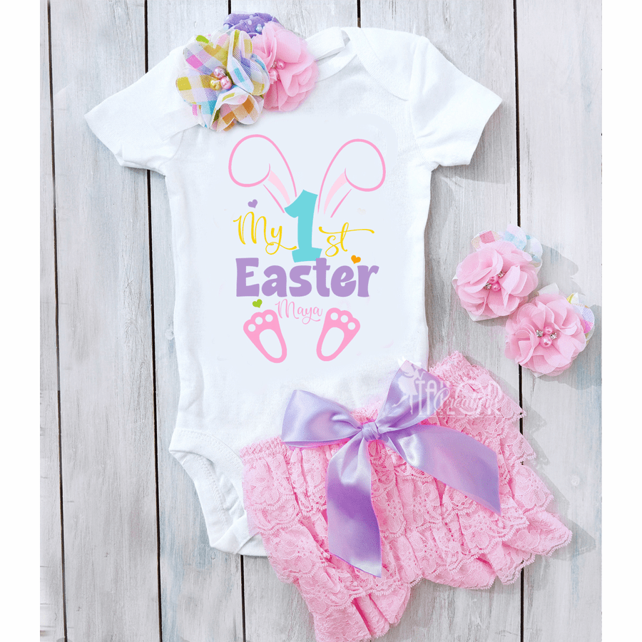 My First Easter Bunny Gingham Pastel Personalized Outfit Set � Easter Lace Shorts/Bloomers Outfit Baby Girl