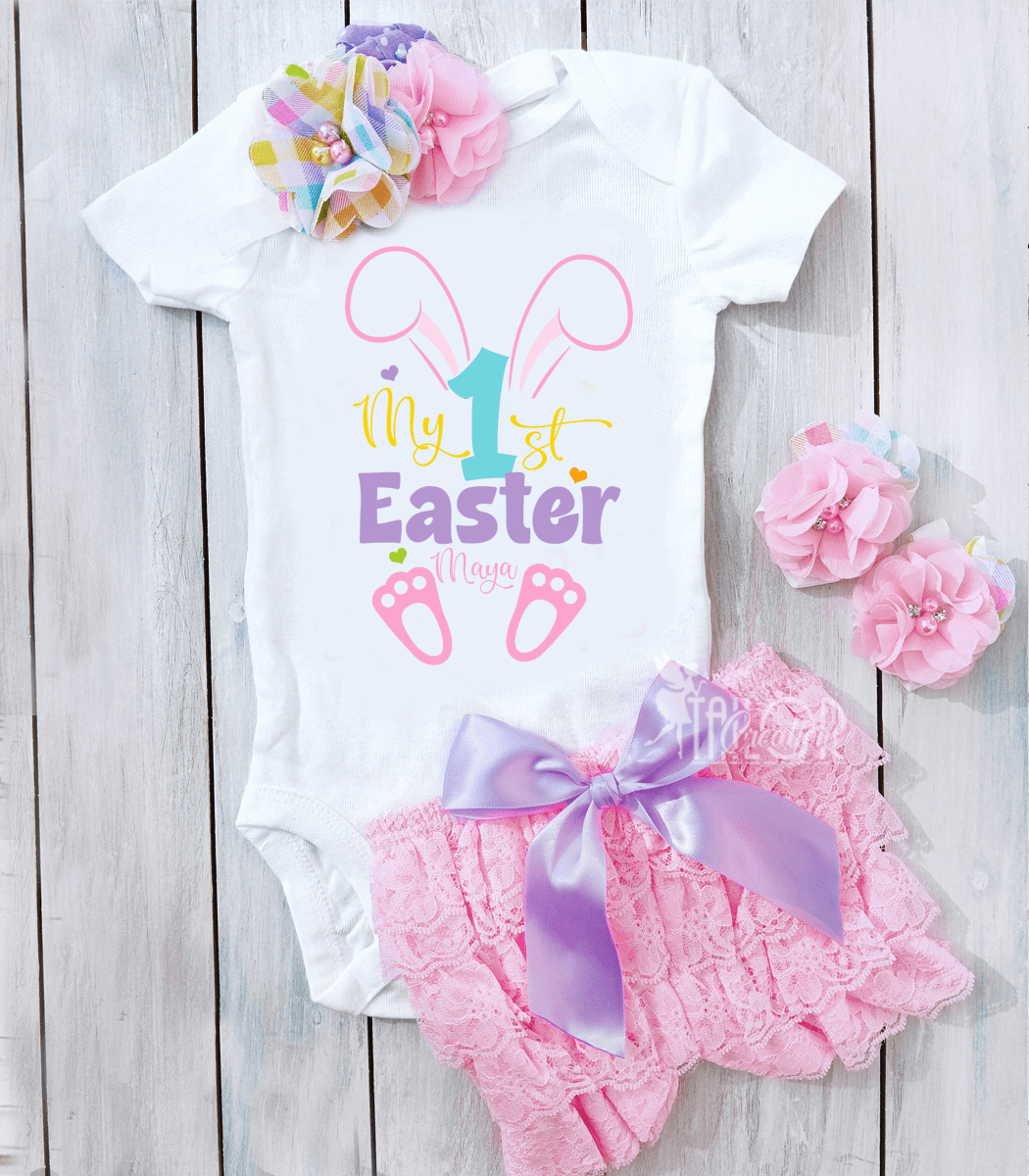 My First Easter Bunny Gingham Pastel Personalized Outfit Set � Easter Lace Shorts/Bloomers Outfit Baby Girl