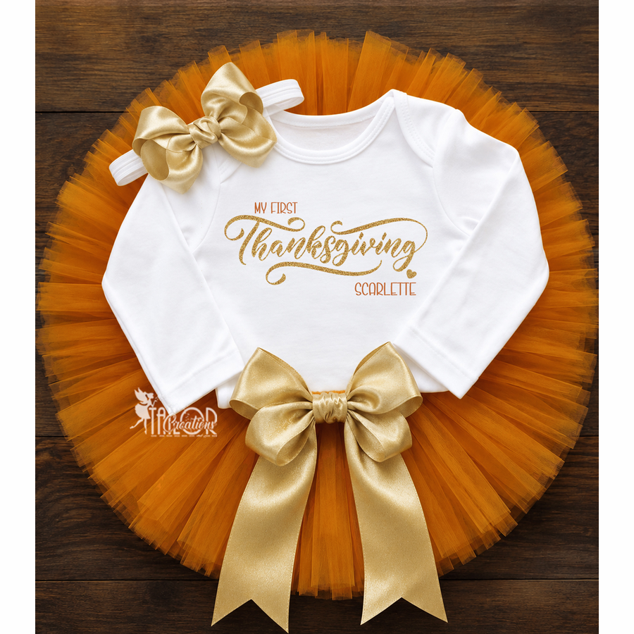 My First Thanksgiving Tutu Outfit Baby Girl Toddler - Fall Birthday Gold & Burnt Orange Tutu Outfit
