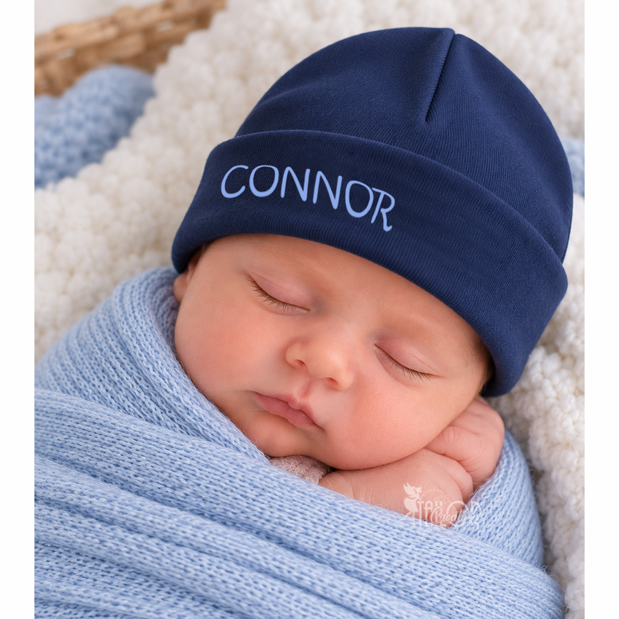 Navy Newborn Baby Boy Custom Name Beanie Hat - Hospital Baby Boy Custom Hat