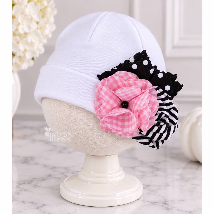 Newborn Baby Girl Beanie Pink Black Flower Cluster Hat - Boutique Baby Girl Toddler Hat
