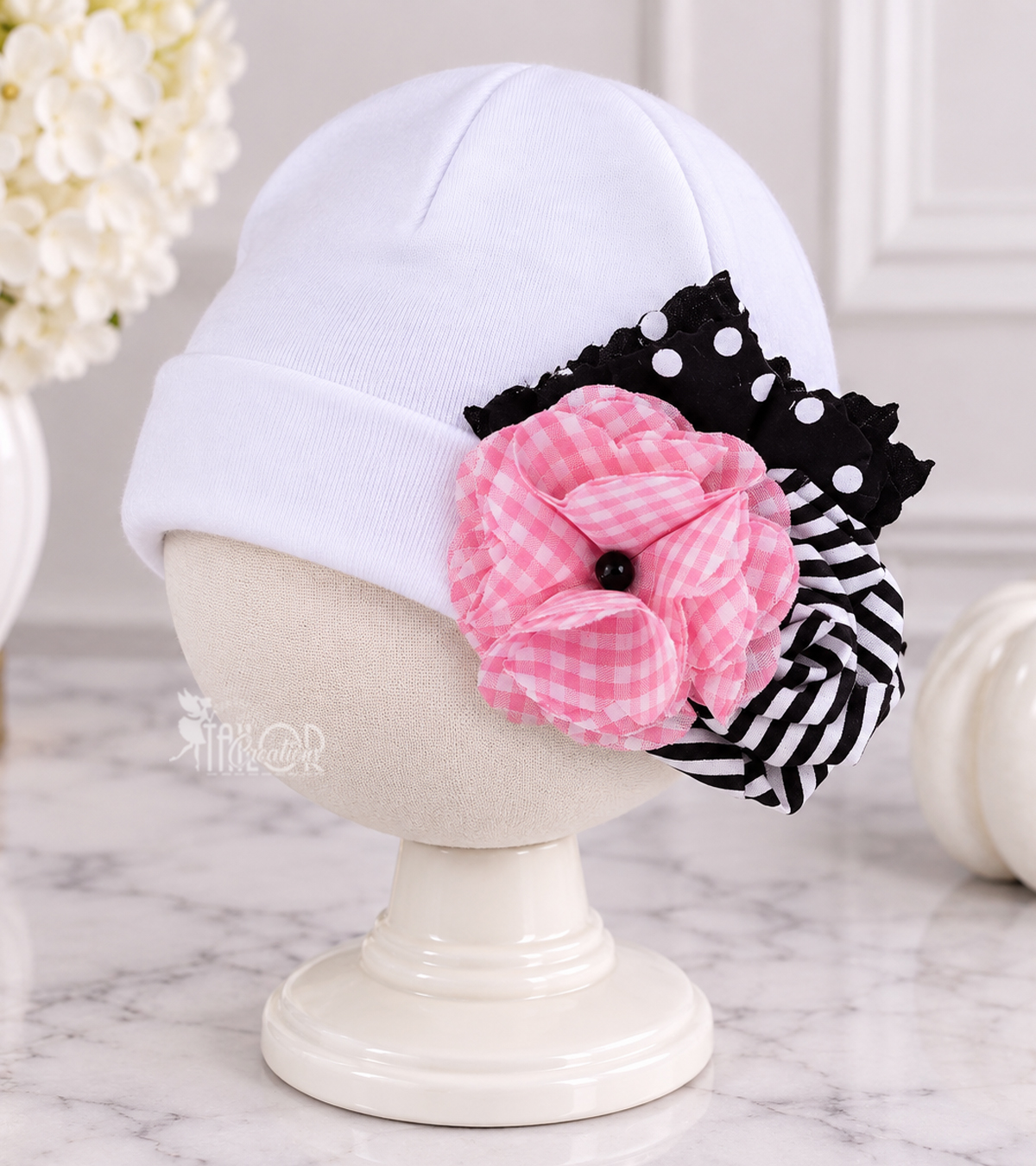 Newborn Baby Girl Beanie Pink Black Flower Cluster Hat - Boutique Baby Girl Toddler Hat