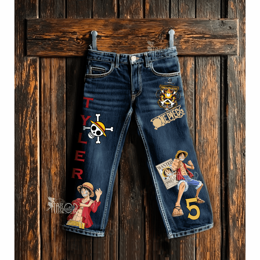 One Piece Luffy Anime Denim Jeans - Personalized Anime Denim Jeans Outfit for Kids