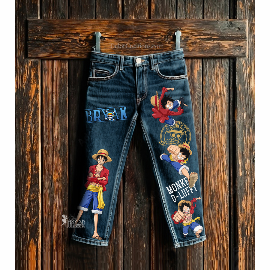 One Piece Luffy Anime Denim Jeans - Personalized Anime Denim Jeans Outfit for Kids