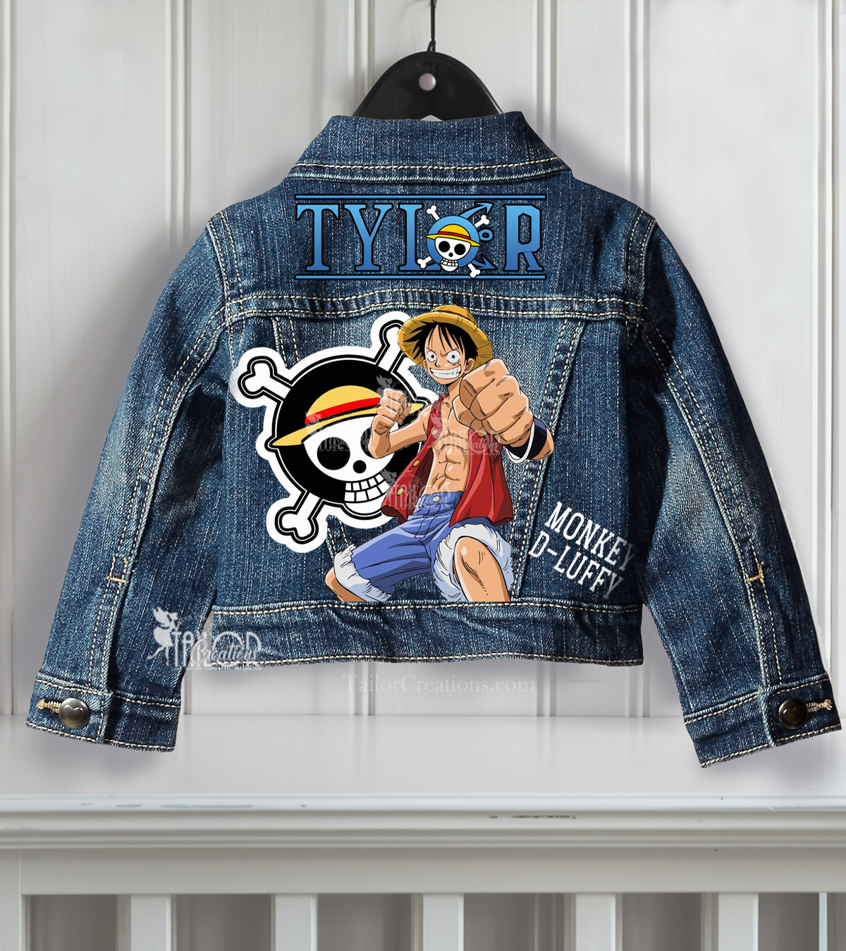 One Piece Monkey D Luffy Anime Denim Jacket - Personalized Anime Denim Jean Jacket Outfit for Kids