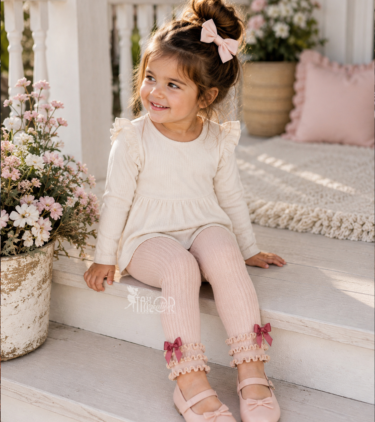 Pale Soft  Pink Ruffle Bow Leggings for Baby Girl Toddler - Fall Boutique Double Ruffle Bow Leggings Tights