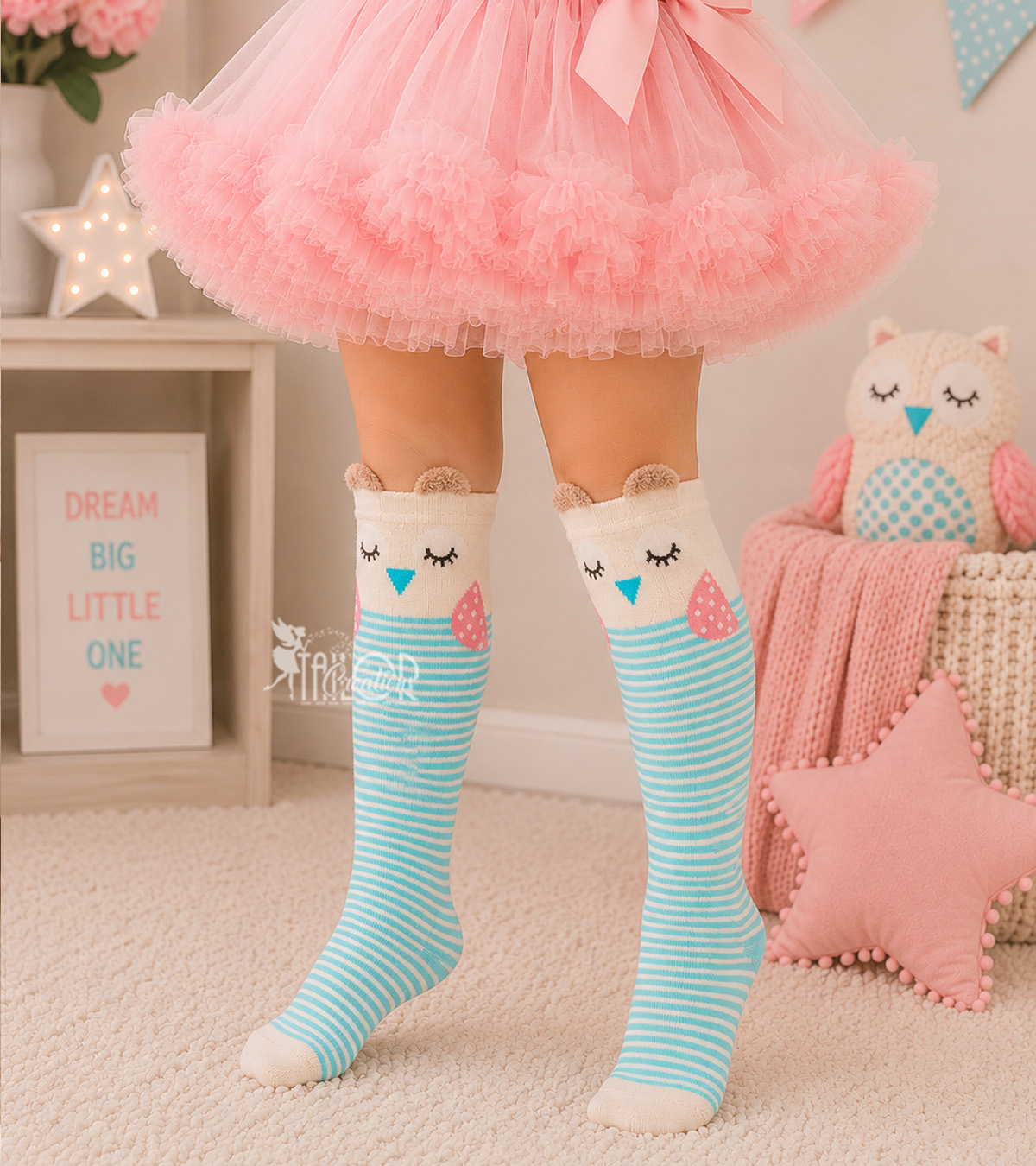 Pastel Owl Knee High Socks for Kids - Cute Animal Socks for Toddler Kids