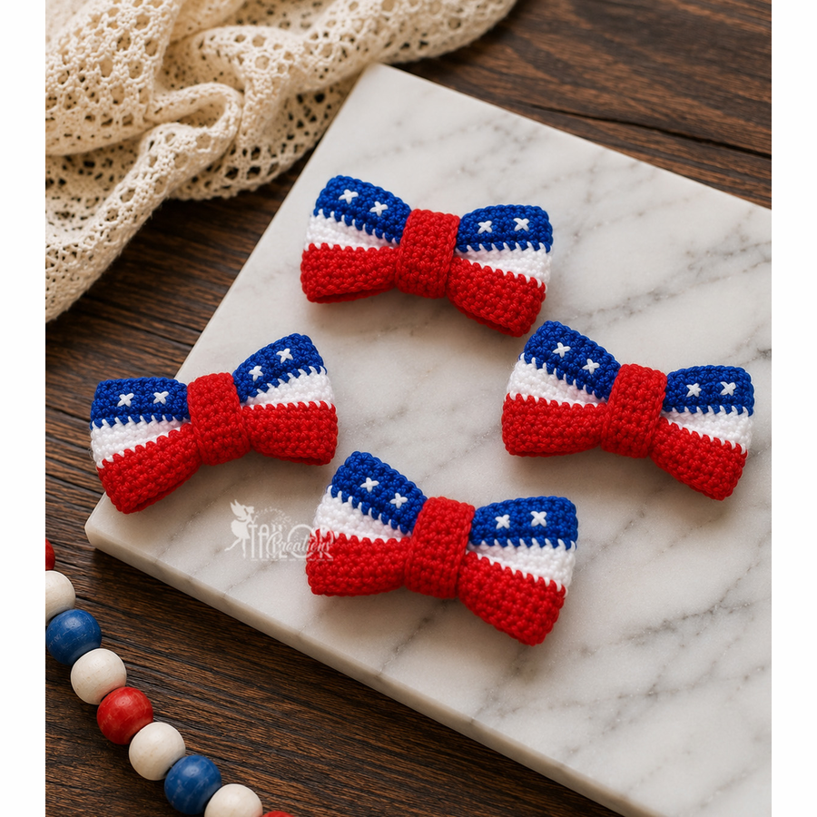 Patriotic Crochet Hair Bow Clip, Fourth of July Hair Clip, Crochet Hair Bow