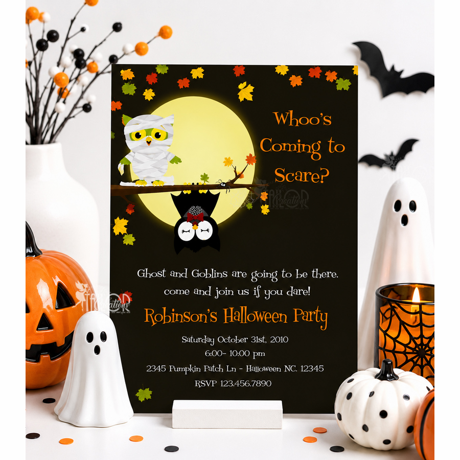 Personalized Halloween Owl Invitations - Spooky Cute Halloween Party Invitations Printable or Printed