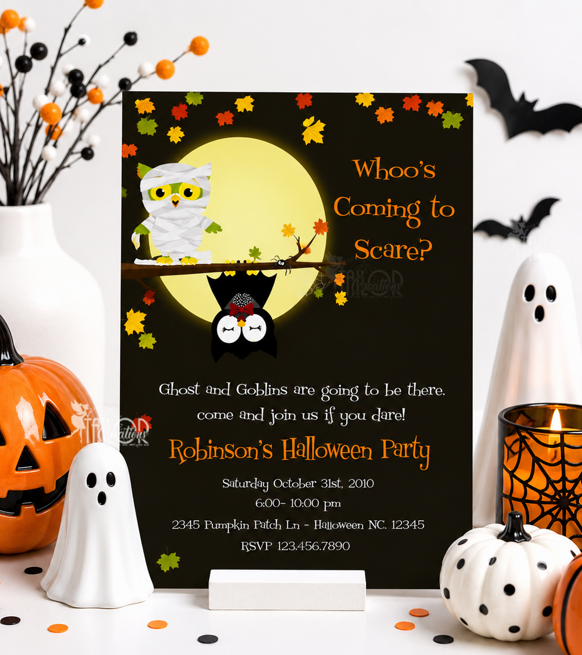 Personalized Halloween Owl Invitations - Spooky Cute Halloween Party Invitations Printable or Printed