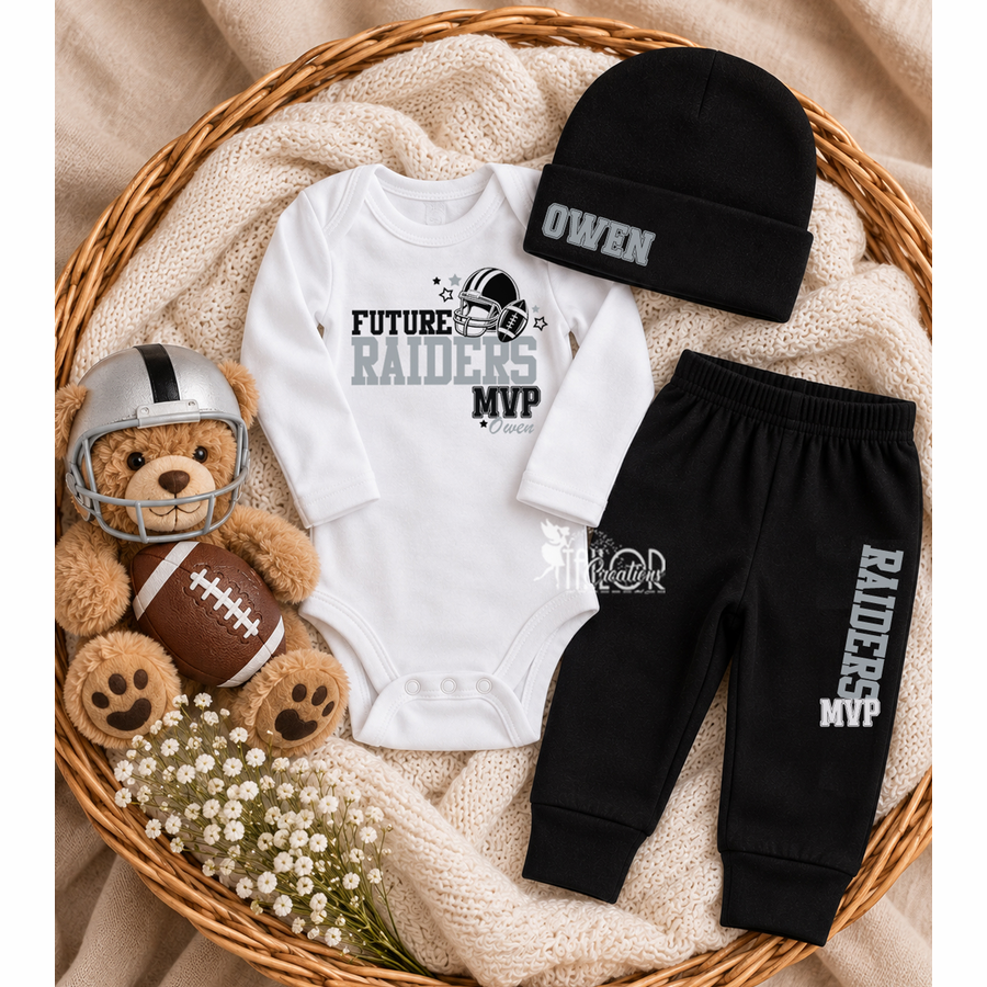 Personalized Raiders Baby Boy Outfit - Football Newborn Outfit Bodysuit Pants Set