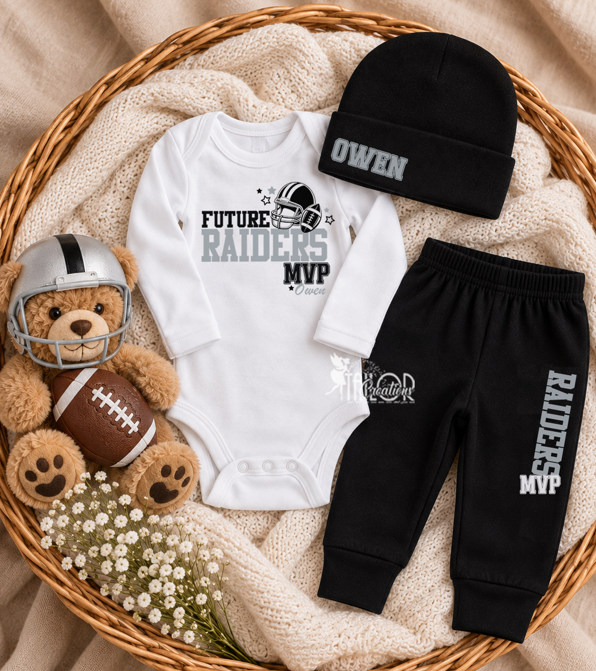 Personalized Raiders Baby Boy Outfit - Football Newborn Outfit Bodysuit Pants Set