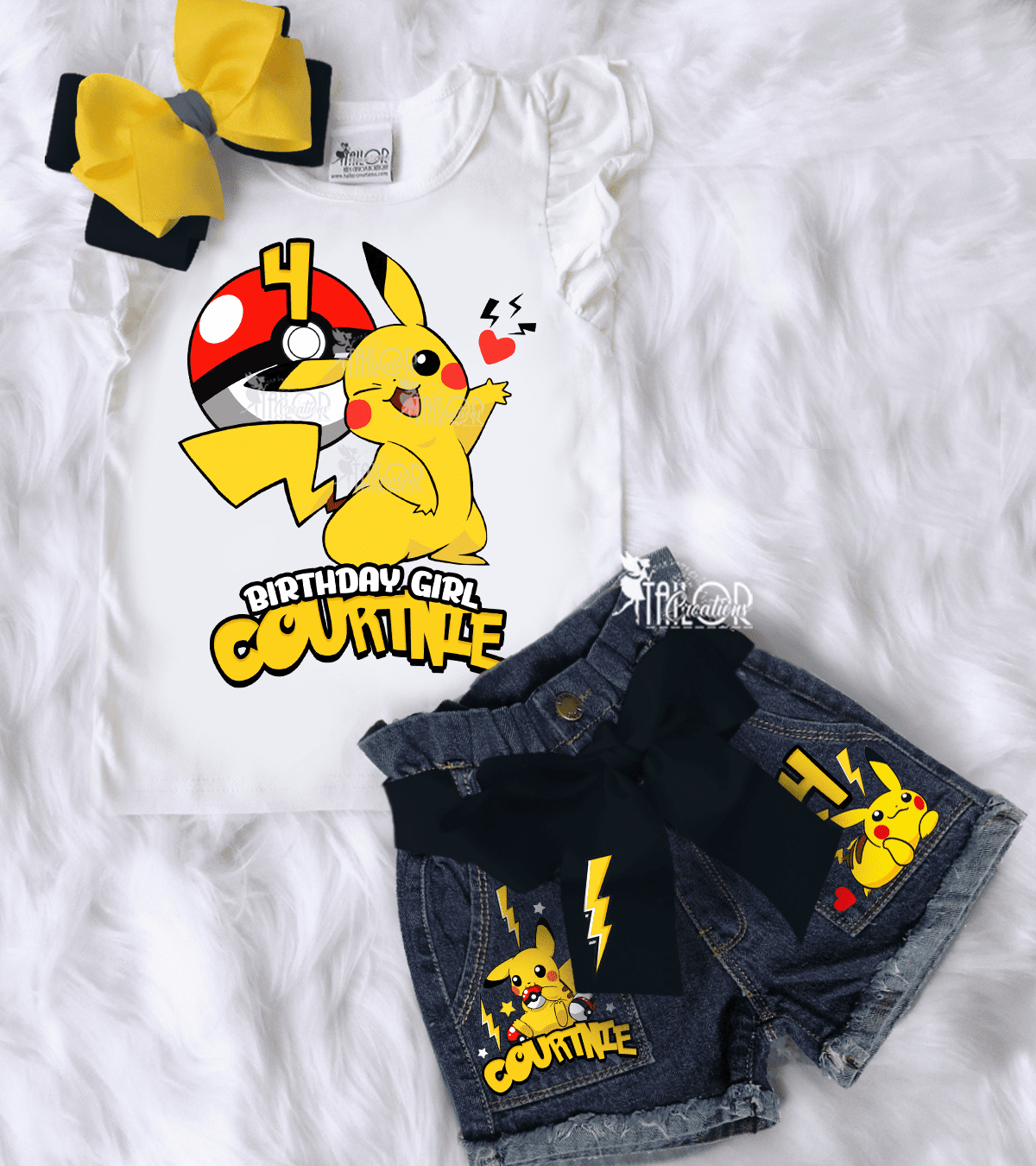 Pikachu Anime Birthday Tee Outfit for Girls - Pokemon Custom Denim Outfit Kids