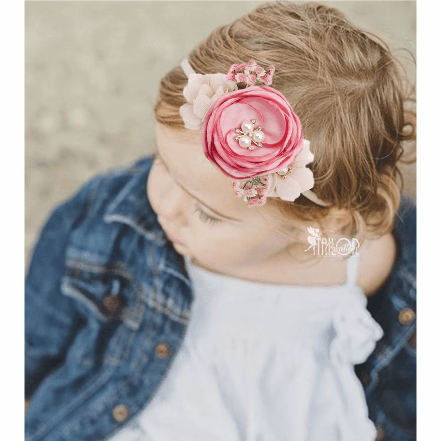 Pink and Ivory Vintage Inspired Rhinestone Pearl Baby Infant Toddler Headband