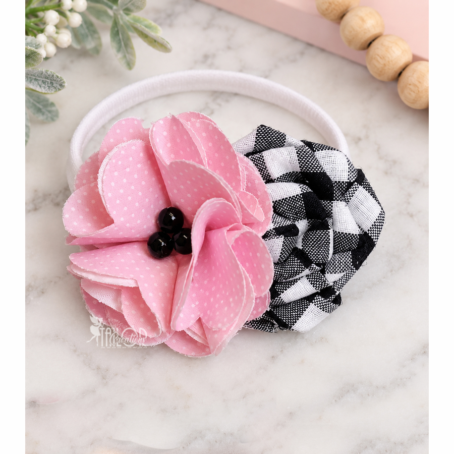 Pink & Black Fabric Flower Cluster Hair Clip for Toddler Girl - Pink & Black Baby Girl Gift Set