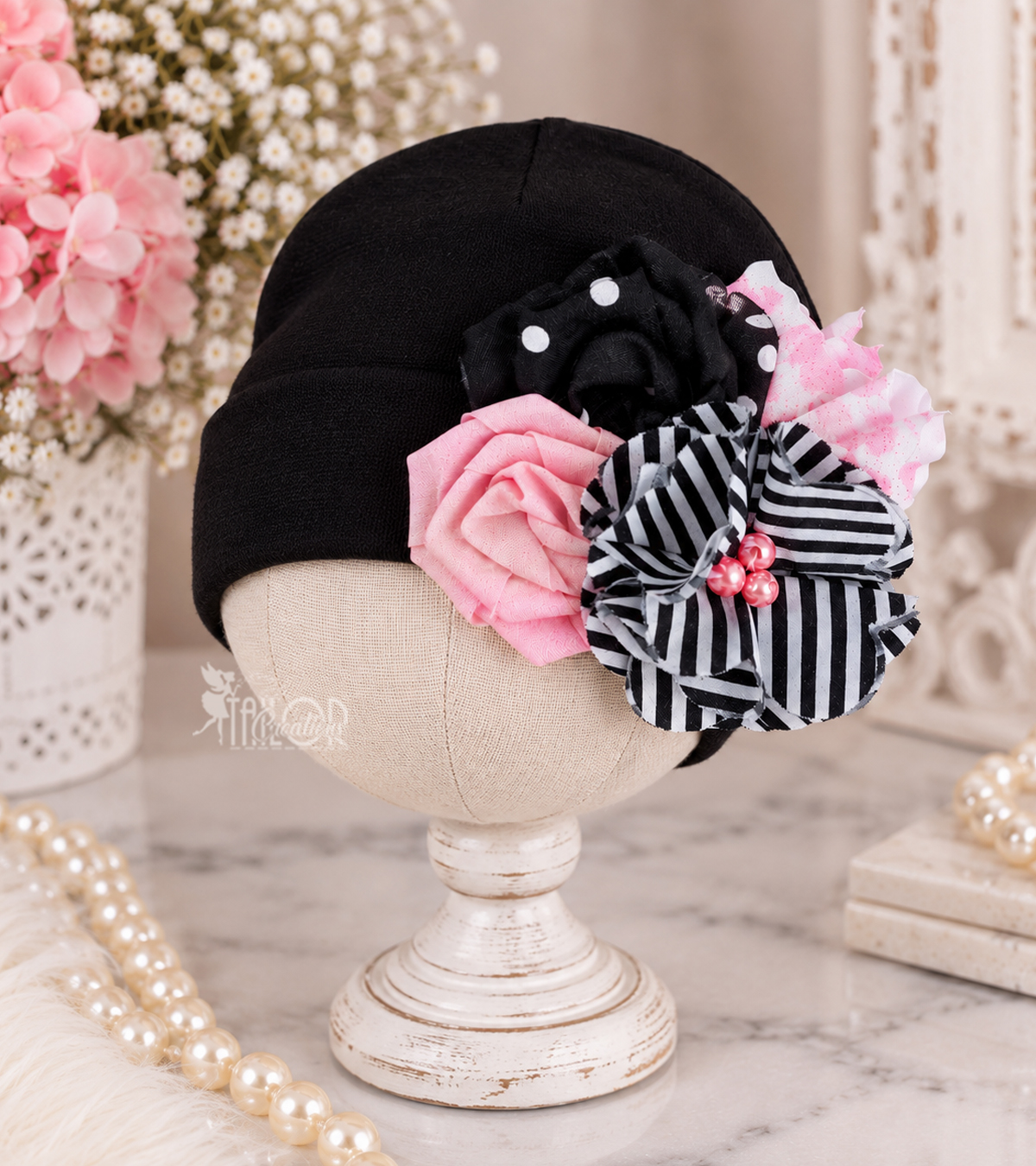 Pink Black Fabric Flower Cluster Newborn Baby Girl Hat - Boutique Baby Girl Toddler Hat