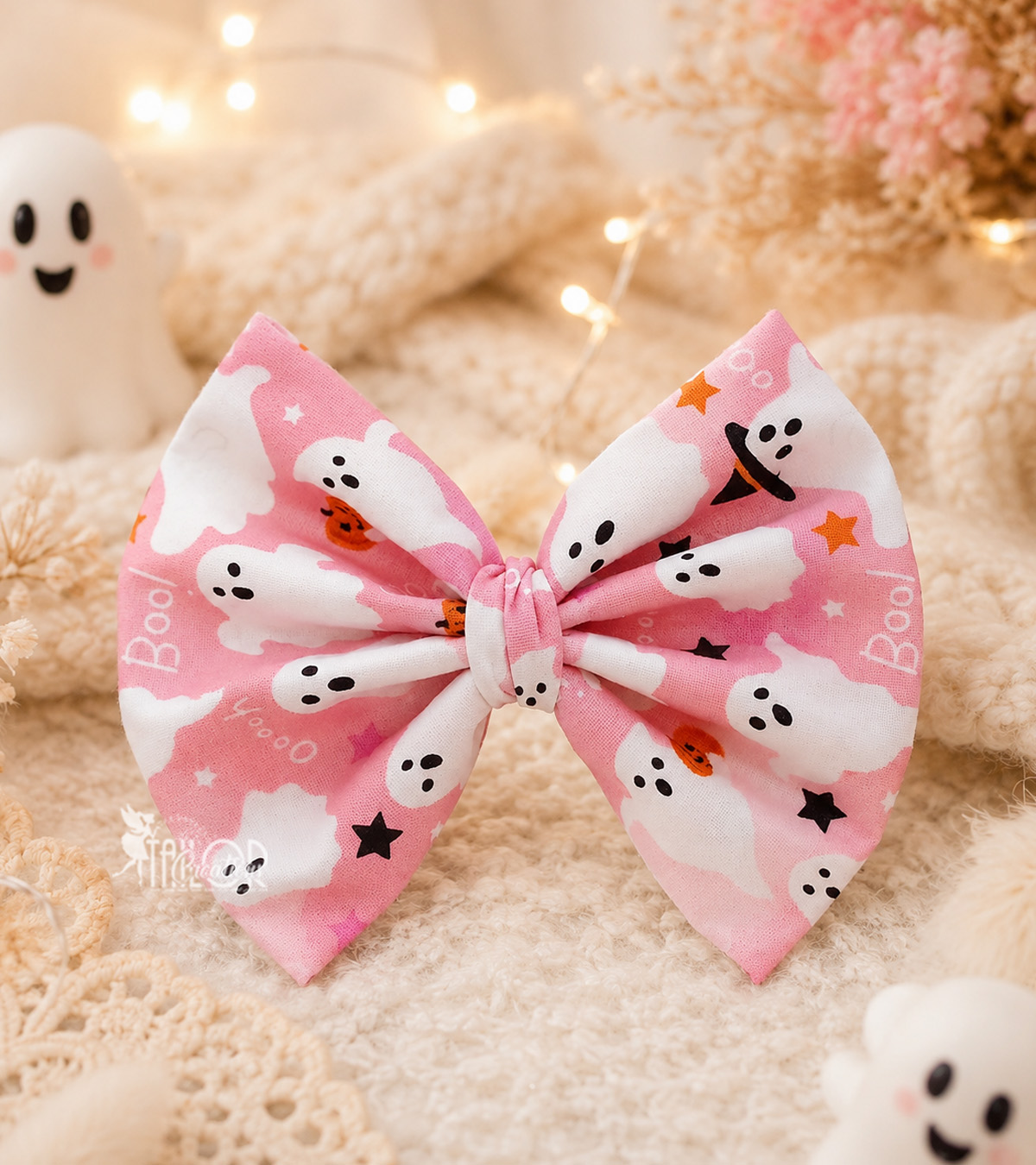 Pink Ghost Halloween Fabric Hair Bow Clip - Pastel Boo Ghost Hair Bow Baby and Toddler Girls