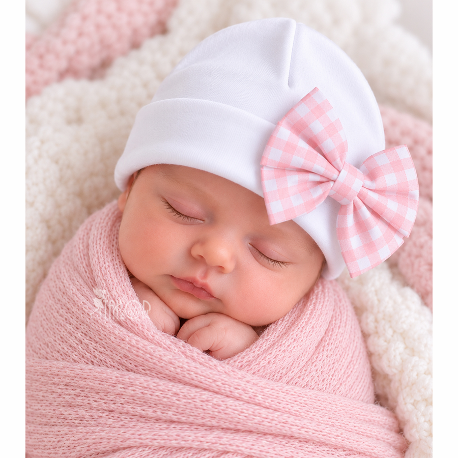 Pink Gingham Bow Newborn Baby Girl Hospital Hat - Pink Custom Name Baby Girl Hat