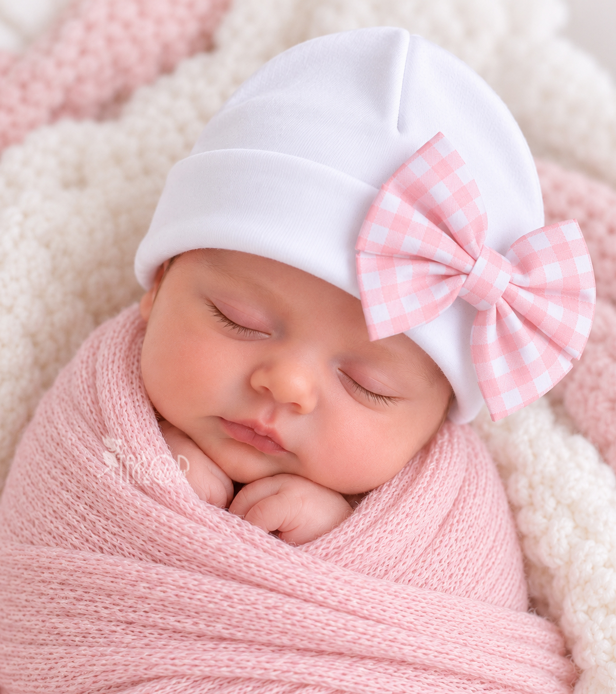 Pink Gingham Bow Newborn Baby Girl Hospital Hat - Pink Custom Name Baby Girl Hat
