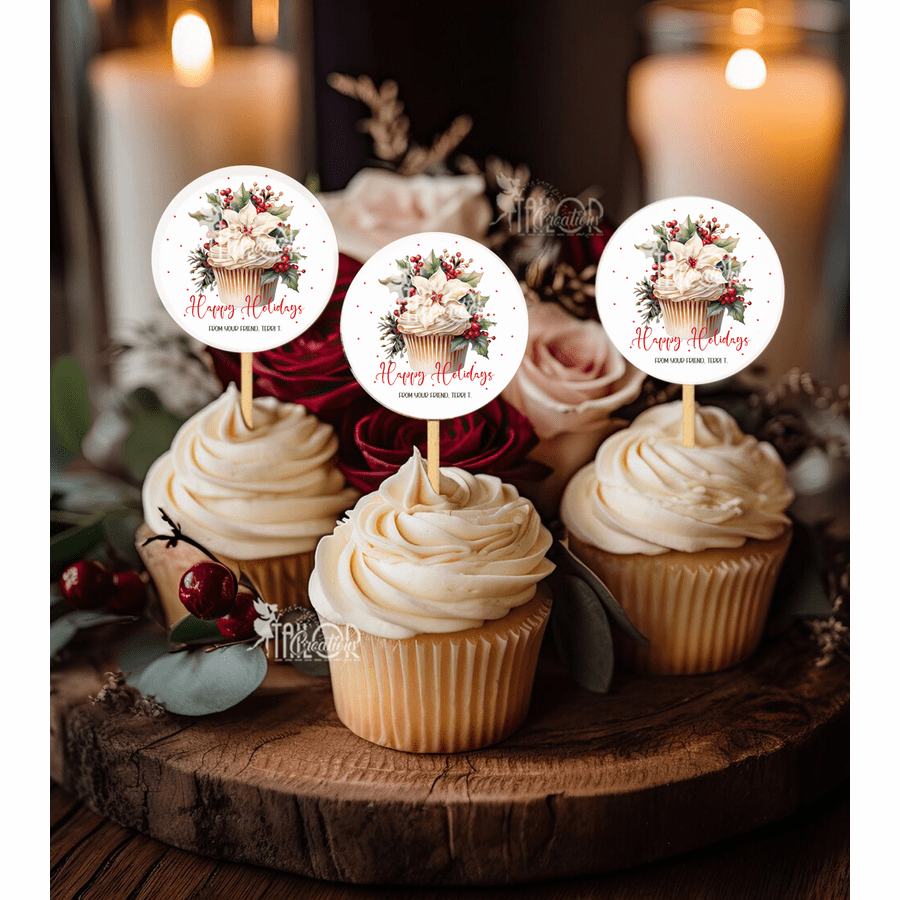 Poinsettia Cupcake Christmas Gift Label Stickers - Christmas Favor Treat Poinsettia Gift Tag Stickers