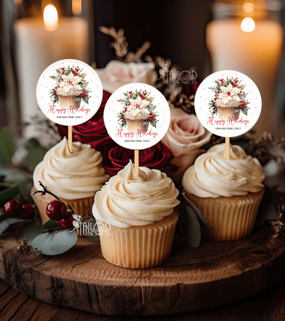 Poinsettia Cupcake Christmas Gift Label Stickers - Christmas Favor Treat Poinsettia Gift Tag Stickers