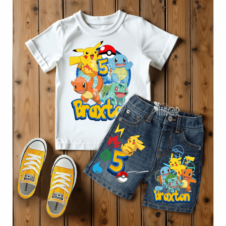 Pokemon Birthday Outfit for Boys - Pikachu Custom Denim Outfits - Boys Custom Denim Birthday Party Outfit
